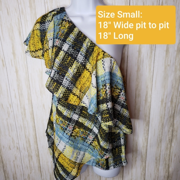 Project Runway Top Asymmetrical One Shoulder Plaid Yellow Black Size Small NWT - Picture 5 of 13